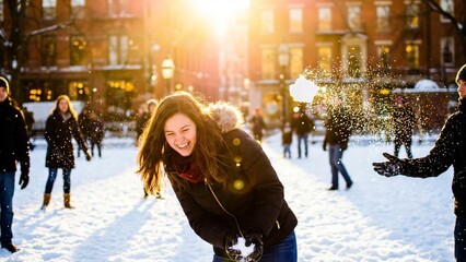 Young woman laughing during a snowball fight on a sunny winter day, enjoying outdoor games. Winter fun activities and holiday season