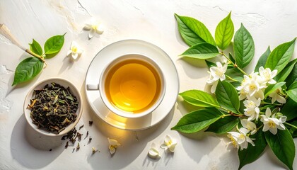 Jasmine Tea in a Cup with Leaves and Flowers