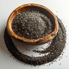 Chia Seeds in a Wooden Bowl on White Background