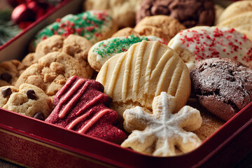 Fototapeta premium Christmas cookie tin overflowing with assorted festive cookies perfect for holiday celebrations