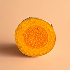 A halved pumpkin on a peach-colored background showcasing its interior