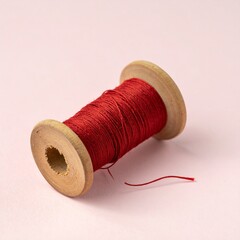 Red Thread on Wooden Spool for Sewing and Crafting Projects