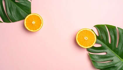 Fresh Oranges and Green Leaves on Pink Background Display