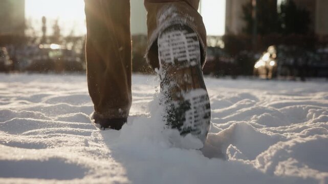 Low-angle gimbal shot of young man walking through deep fresh snow on sunny winter day in city. Snow splashes under leather boots, dynamic motion, cold weather atmosphere, urban winter lifestyle