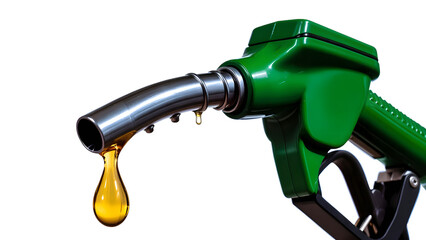 Close-up of a Green Gas Pump Nozzle with a Large Golden Oil Drop Isolated on Transparent