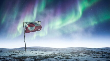 Fototapeta premium Greenland flag waves under vibrant aurora borealis in snowy landscape