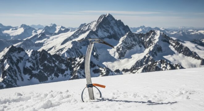 Ice axe stuck in snow on a mountain and snowy peaks in background. Alpinist equipment on a high peak for extreme adventure