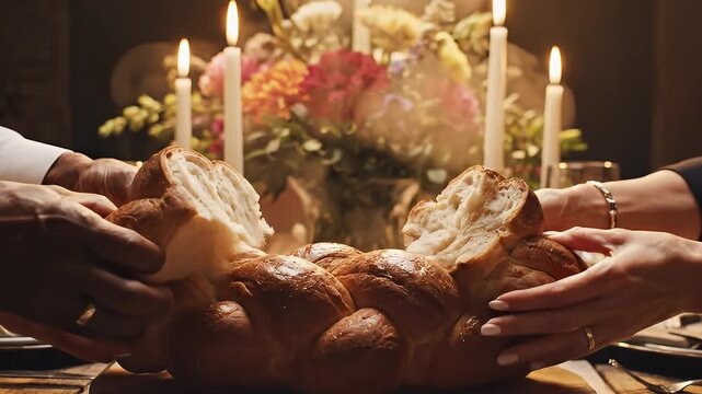Family Gathering Celebrating Thanksgiving with Traditional Food and Candles.