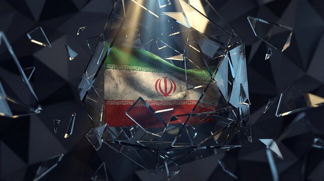 Cracked glass revealing the flag of Iran, abstract background
