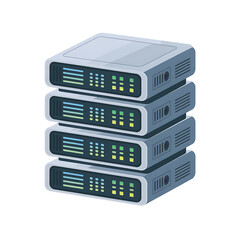 Stack of Four Server Racks with Indicator Lights on White Background servers data center