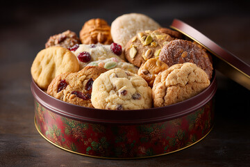 Holiday themed cookie tin brimming with assorted Christmas cookies and delicious festive treats