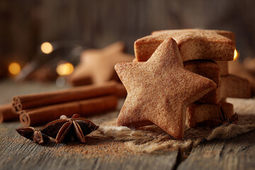 Rustic Wooden Table Setting Featuring Realistic Cinnamon Star Cookies
