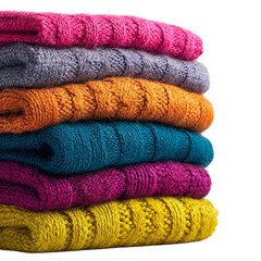 Stack of colorful knitted sweaters winter warmth cozy fashion isolated on transparent background.