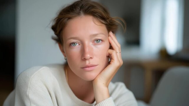 Portrait of a tired mother in a calm home setting, soft light revealing weariness, resilience, and unconditional care. cinematic color correction, natural uneven lighting yet gentle backlight, soft