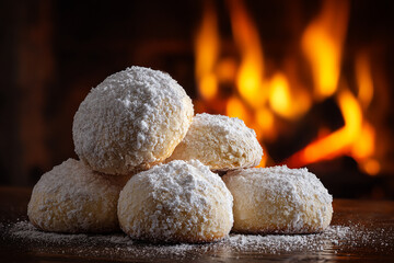 Snowball almond cookies arranged by a crackling fireplace adding warmth to a cozy holiday moment