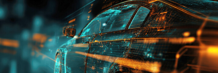 Futuristic Autonomous Car Concept with Blue Digital Wireframe Mesh and Glowing Orange Light Trails Representing High Tech Automotive Engineering Artificial Intelligence and Smart Mobility Innovation