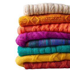 Stack of colorful knitted sweaters winter warmth cozy fashion isolated on transparent background.