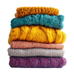Stack of colorful knitted sweaters winter warmth cozy fashion isolated on transparent background.