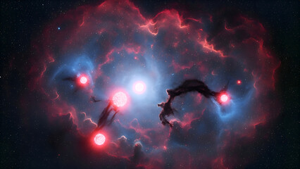 Vibrant nebula with glowing red and blue stars in deep space