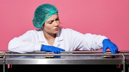 Female quality control inspector checking food on conveyor belt against pink background