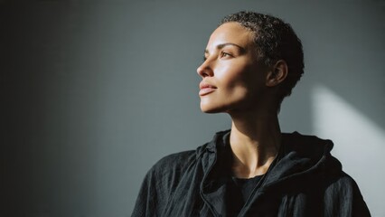 Obraz premium Contemplative Woman in Black Shirt Looking Up