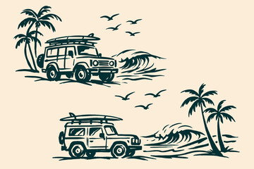 Obraz premium Surf car with palm trees and ocean waves sketch vector illustration