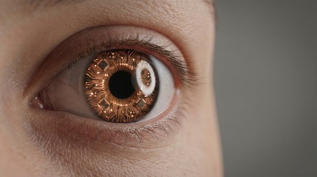 Macro shot of open eye featuring copper digital circuit lines in iris - Powered by Adobe