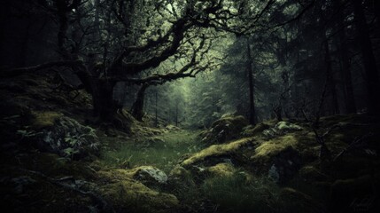 Fototapeta premium Enchanting forest pathway bathed in twilight, mossy trees and rocky terrain creating a mystical woodland atmosphere.
