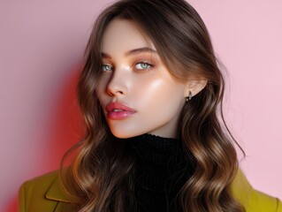 Stylish woman with wavy hair, wearing a yellow jacket and black turtleneck. She has glowing skin and glossy lips, looking towards the viewer. Pink background with red lighting effect