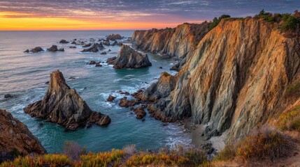 Rugged coastal cliffs bathed in the warm glow of a vibrant sunset over the vast ocean waters.