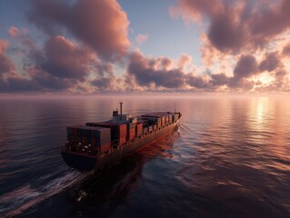 Massive cargo ship navigates calm sea under stunning sunset, sky filled with dramatic clouds reflecting on the water, colors range from deep orange to soft pink, creating a serene atmosphere