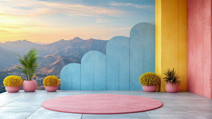 Naklejka premium Vibrant Minimalist Outdoor Terrace Oasis with Panoramic Mountain Sunset Views, Featuring Modern Colorful Walls, Lush Plants in Pink Pots, and Serene Circular Rug