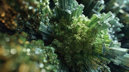 Abstract formation resembling a cluster of green crystals and moss, with intricate details and light reflection. The structure offers a blend of natural and geometric elements