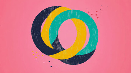 Obraz premium Vibrant abstract composition featuring three interlocking textured bands in dark blue, yellow, and teal against lively pink background, evoking sense of dynamic connection and artistic flow.