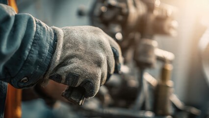 Worker's gloved hand on equipment