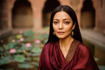 A woman in a maroon traditional outfit with intricate earrings stands by a pond adorned with lotus flowers. Her long, dark hair is straight, and she gazes confidently at the camera