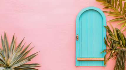 Minimalist composition of striking turquoise arched door on textured pink wall, framed by exotic agave and various tropical foliage including cactus, perfect for vibrant, summer-inspired background.