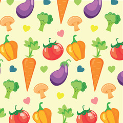 Seamless Vegetable Pattern with Carrot Tomato Eggplant Pepper Broccoli Mushroom on Yellow Background