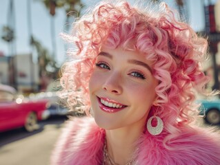 Joyful woman with pink curly hair, wearing sparkling earrings and a fluffy pink coat, smiles against a sunny street backdrop with classic cars and palm trees in the distance