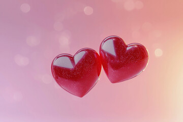 Two Red Hearts Floating on Pink Background, Love and Romance Concept. Generative AI
