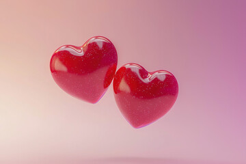 Two Red Hearts Floating on Pink Background, Love and Romance Concept. Generative AI