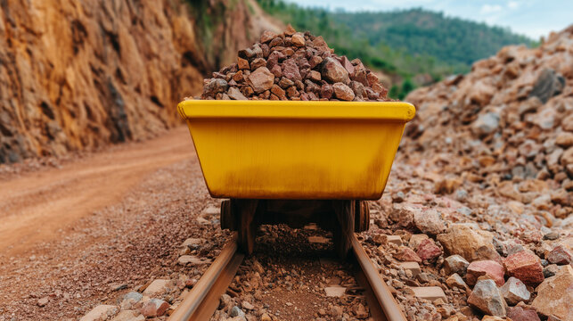 Yellow mine cart full of ore on a railway track in a quarry. Industrial mining and extraction of raw materials. Natural resource and commodity industry