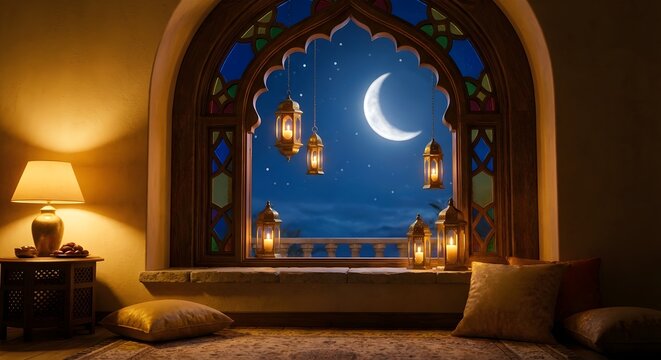 Ramadan night scene through an Arabic style window with lanterns