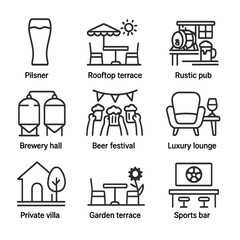 Icon collection of beer-related venues and themes for modern design projects