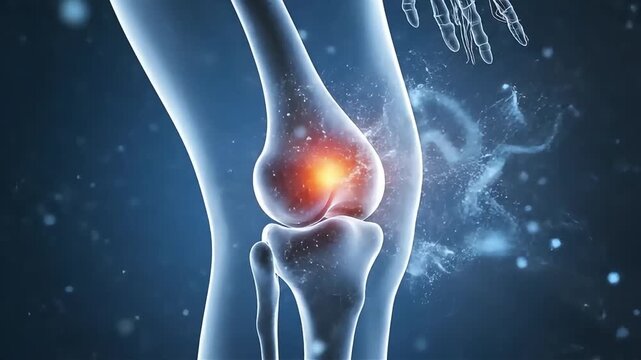3D animation of a human knee joint highlighting pain and inflammation with a pulsating orange glow, set against a dark blue background in a transparent skeletal rendering, perfect for medical