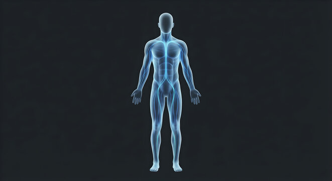 Transparent human figure with glowing anatomical features on dark background
