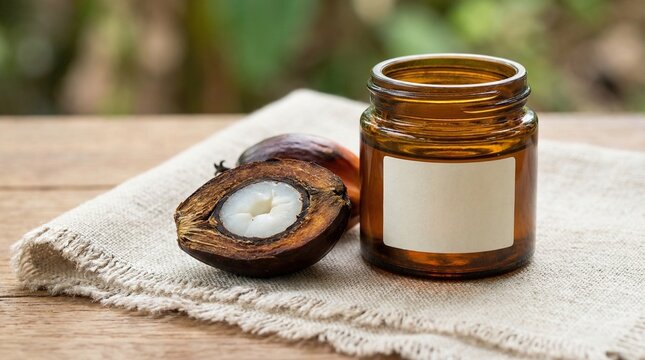 Palm nut split open to reveal the kernel beside an amber jar of batana oil with a blank label. Natural cosmetic ingredient, organic beauty product, hair and skin care, wellness concept.
