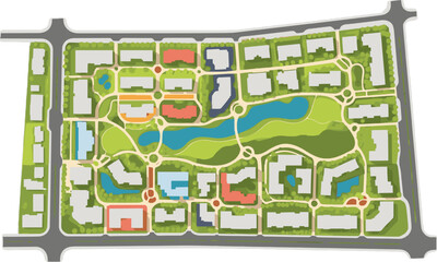 Fototapeta premium Modern Urban Development Master Plan Residential Community with Green Spaces and Riverfront