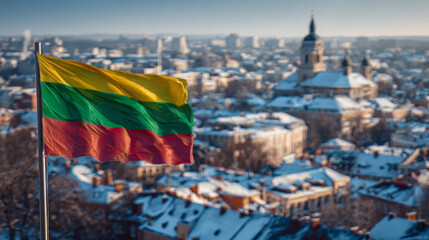 The Lithuanian flag stands tall as it waves in the wind over a city with snowy rooftops. A view of the urban landscape shows buildings and a tower in the distance.