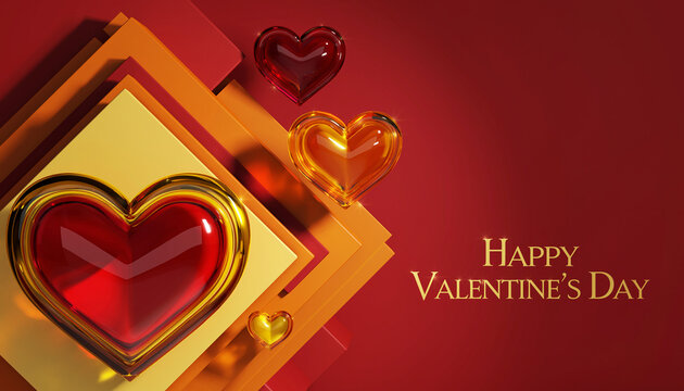 Piękne czerwono bursztynowe serca na stylowym czerwonym tle z  życzeniami walentynkowymi